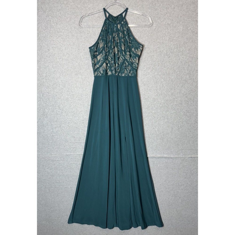 Morgan & Co. Dress Womens 3/4 Teal Green Glitter Lace Halter Formal Gown Evening